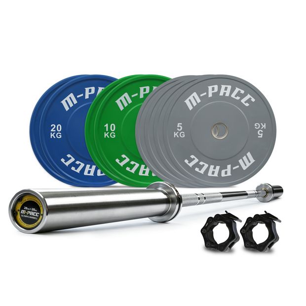 100kg M-PACC Premium Colour Bumper Plate Set incl 20kg Barbell
