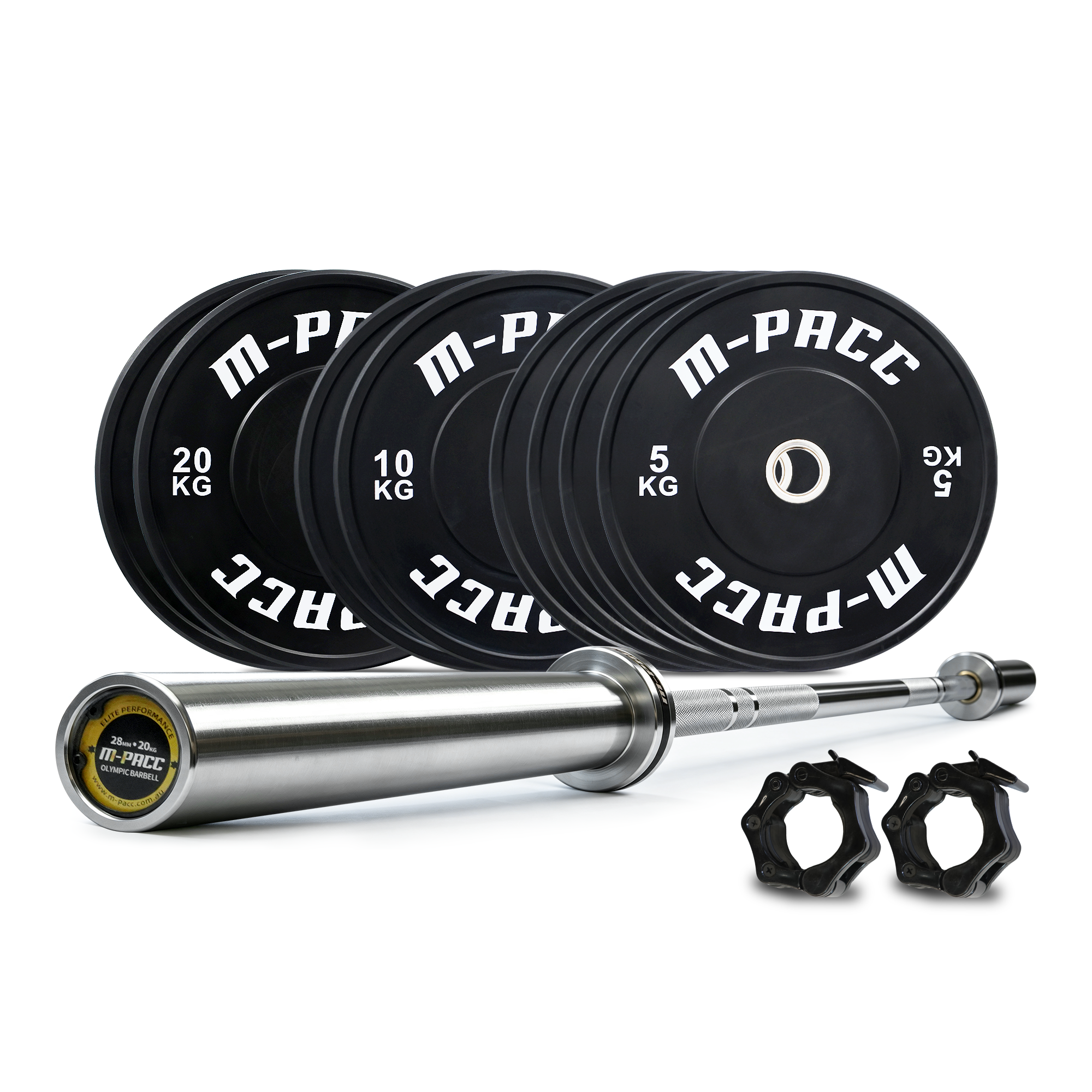 100kg M-PACC Premium Black Bumper Plate Set incl 20kg Barbell