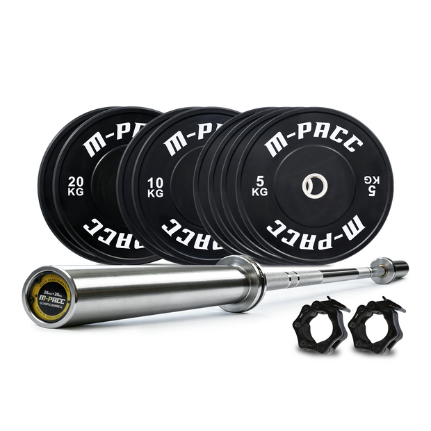 100kg M-PACC Premium Black Bumper Plate Set incl 20kg Barbell