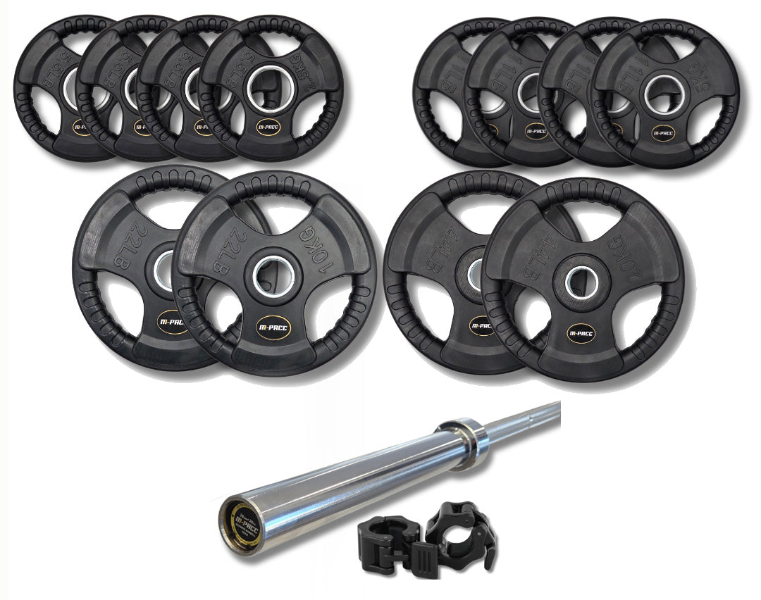110kg M-PACC Tri Grip Plate Set incl 20kg Barbell