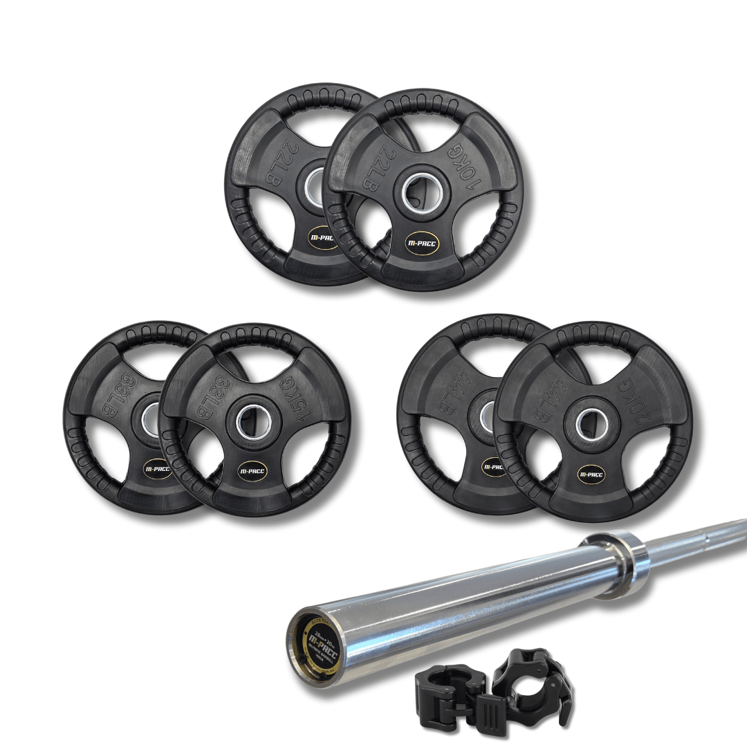 110kg M-PACC Tri Grip Plate Set incl 20kg Barbell M-Pacc