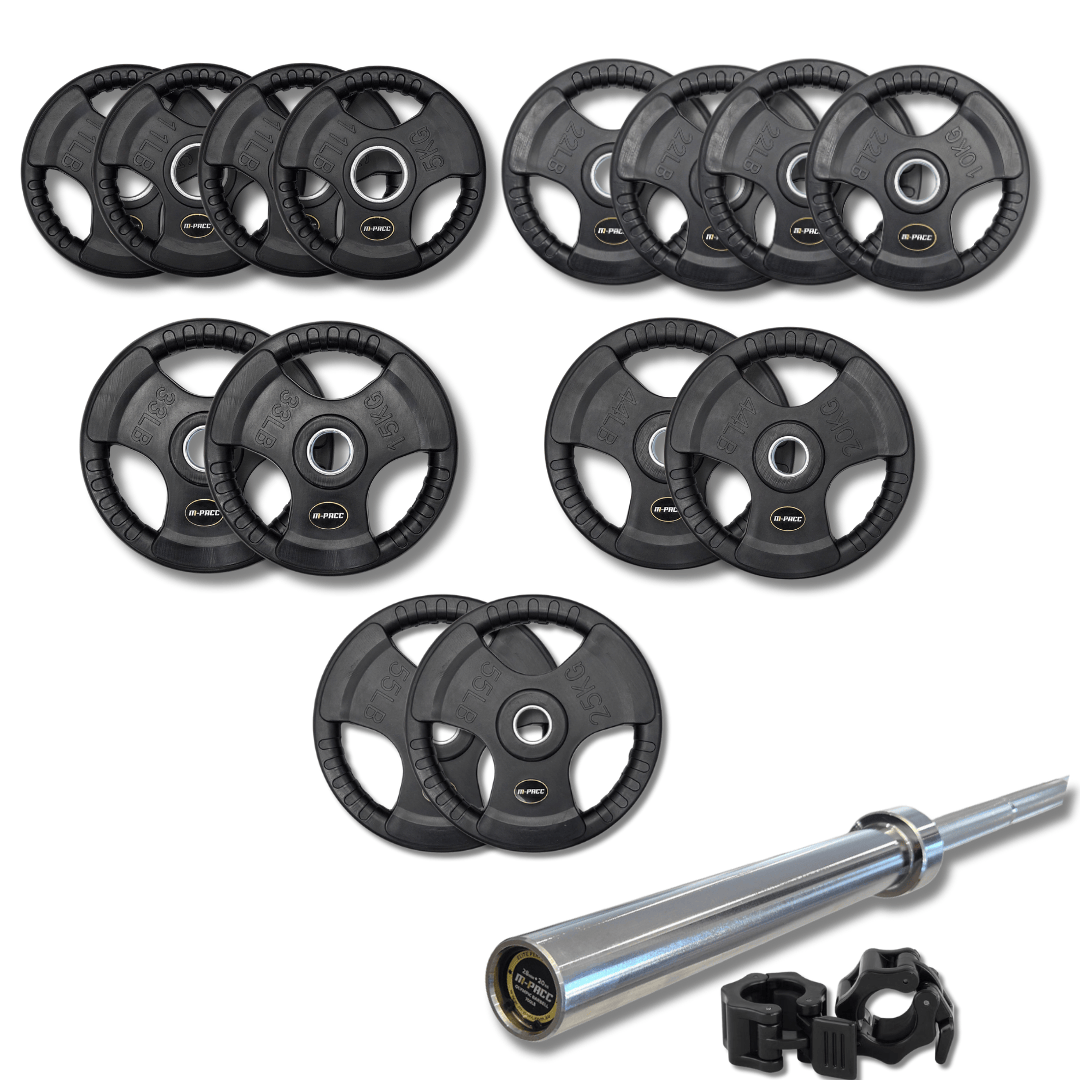200kg M-PACC Tri Grip Plate Set incl 20kg Barbell M-Pacc