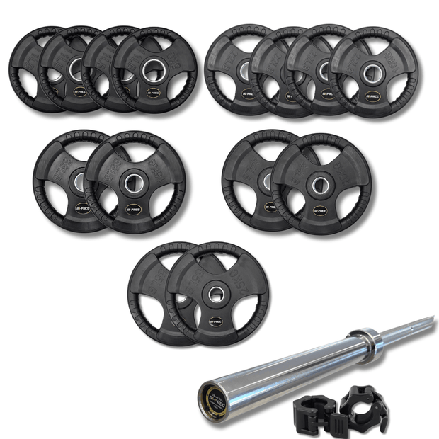 200kg M-PACC Tri Grip Plate Set incl 20kg Barbell M-Pacc