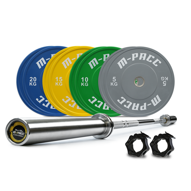 120kg M-PACC Premium Colour Bumper Plate Set incl 20kg Barbell
