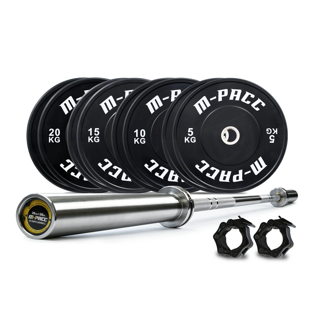 120kg M-PACC Premium Black Bumper Plate Set incl 20kg Barbell