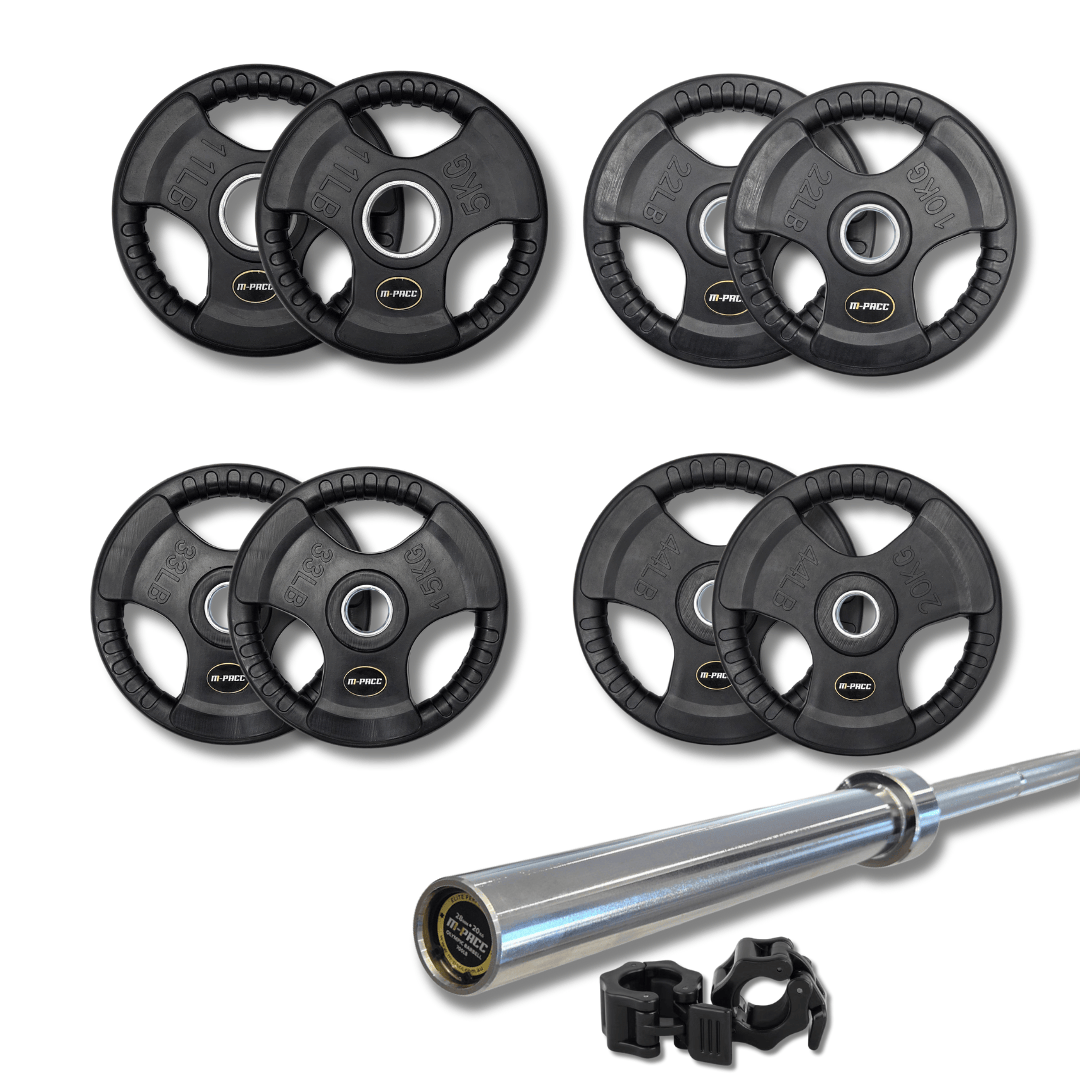 120kg M-PACC Tri Grip Plate Set incl 20kg Barbell M-Pacc