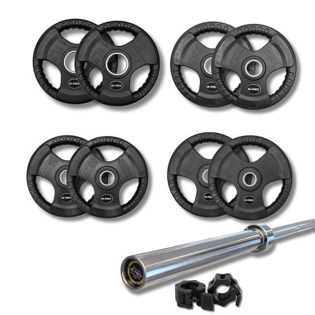 120kg M-PACC Tri Grip Plate Set incl 20kg Barbell M-Pacc