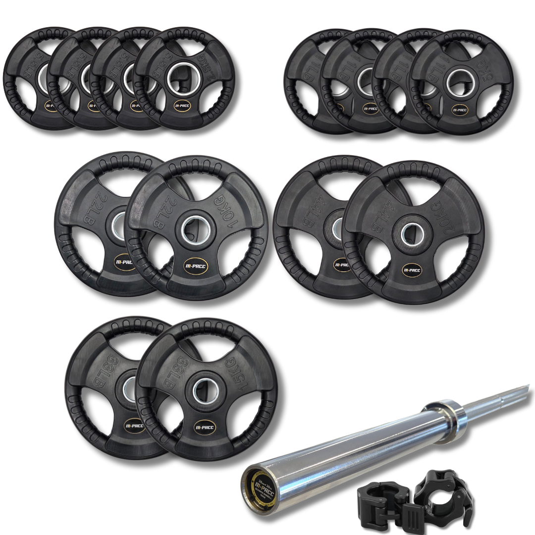 140kg M-PACC Tri Grip Plate Set incl 20kg Barbell M-Pacc