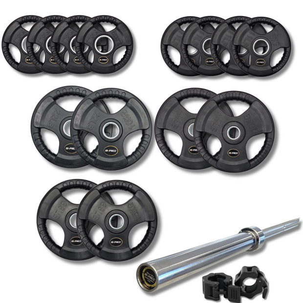140kg M-PACC Tri Grip Plate Set incl 20kg Barbell M-Pacc