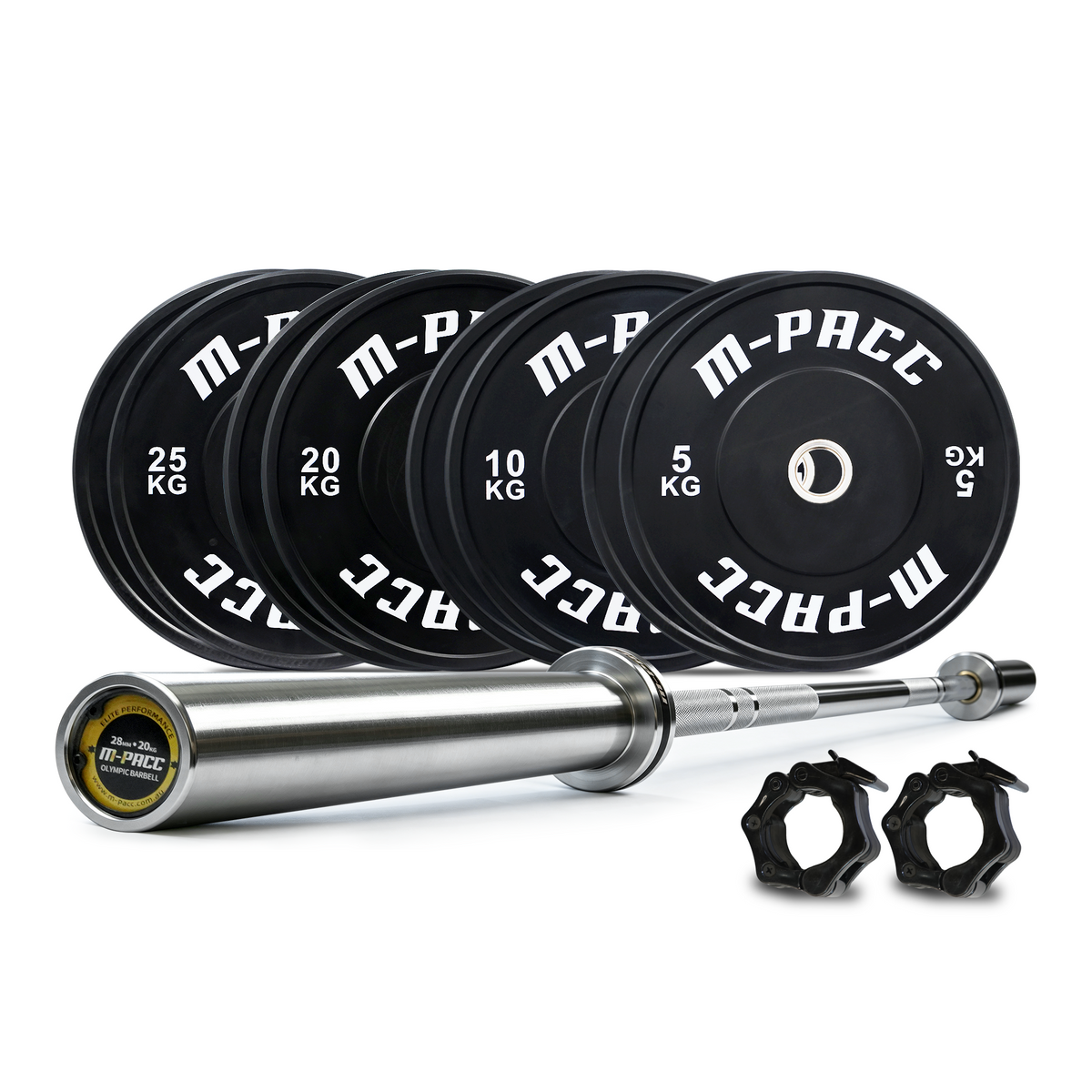 140kg M-PACC Premium Black Bumper Plate Set incl 20kg Barbell