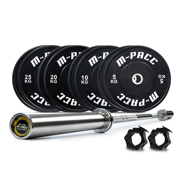 140kg M-PACC Premium Black Bumper Plate Set incl 20kg Barbell