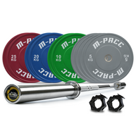 150kg M-PACC Premium Colour Bumper Plate Set incl 20kg Barbell