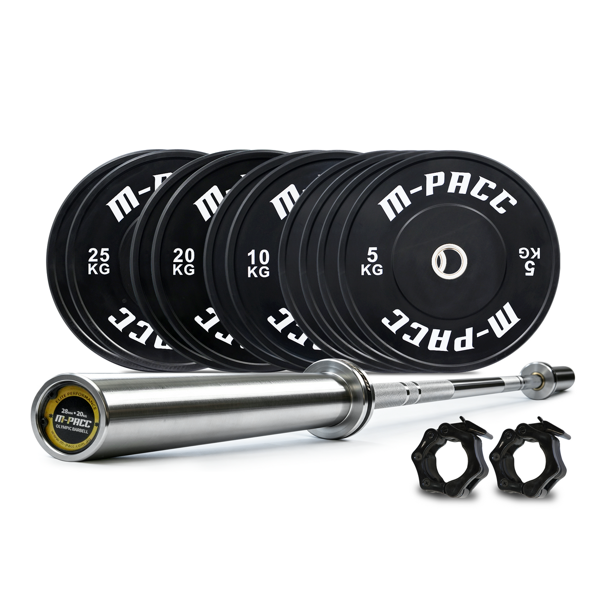 150kg M-PACC Premium Black Bumper Plate Set incl 20kg Barbell