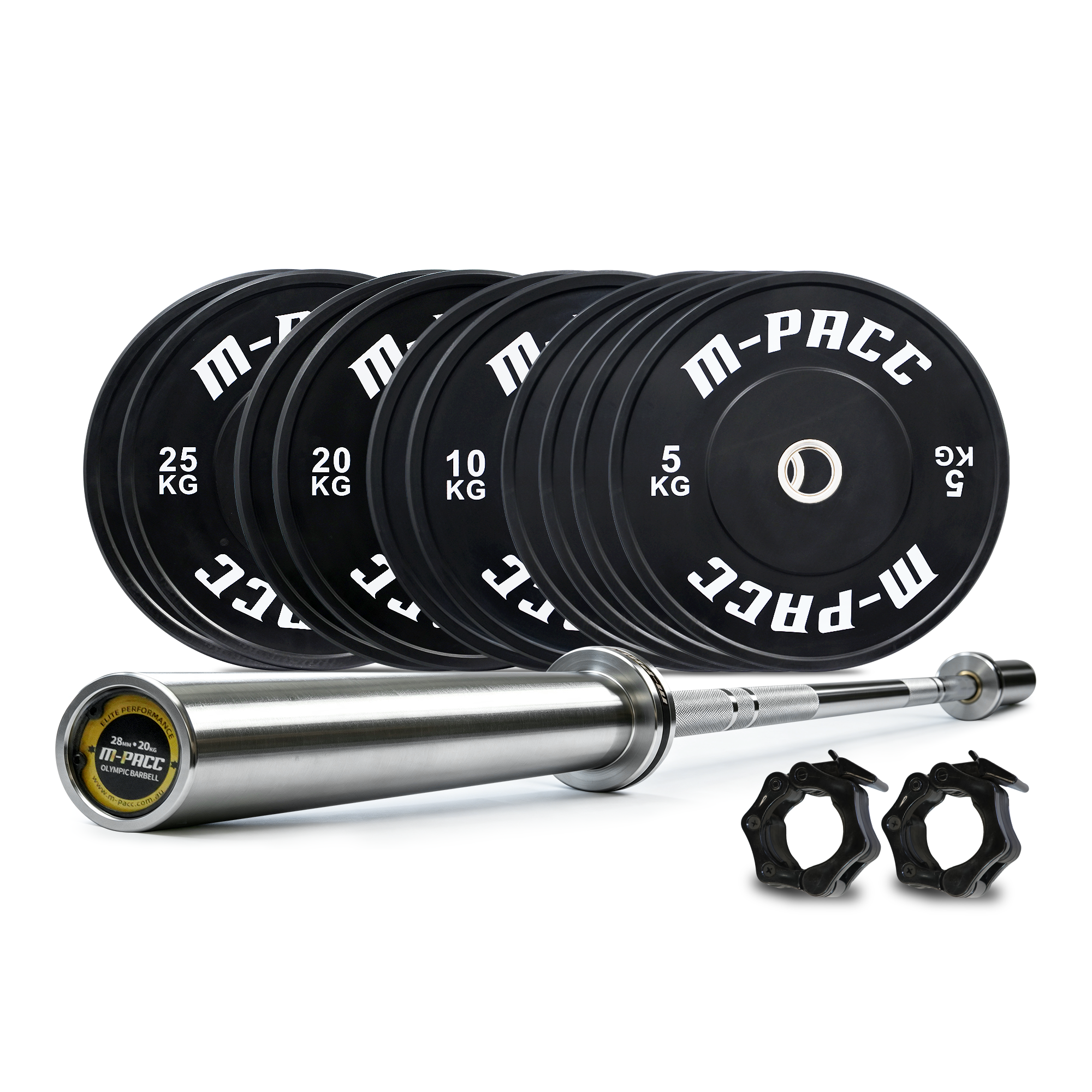 150kg M-PACC Premium Black Bumper Plate Set incl 20kg Barbell