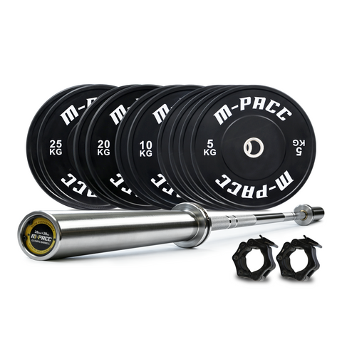 150kg M-PACC Premium Black Bumper Plate Set incl 20kg Barbell