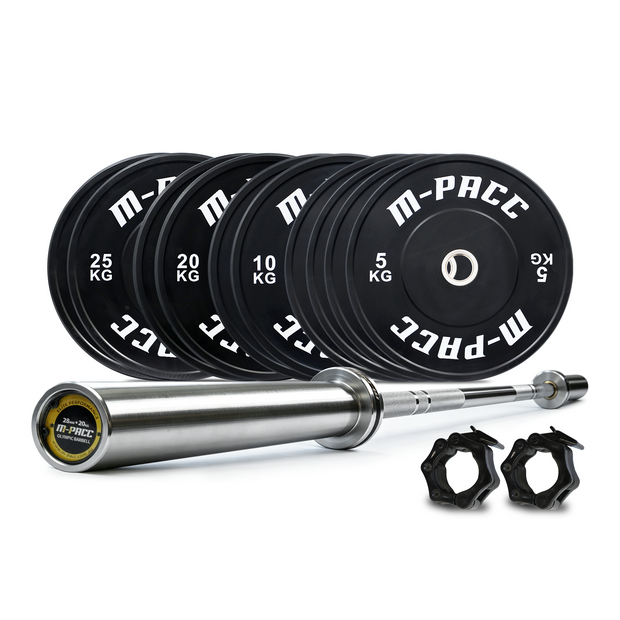 150kg M-PACC Premium Black Bumper Plate Set incl 20kg Barbell