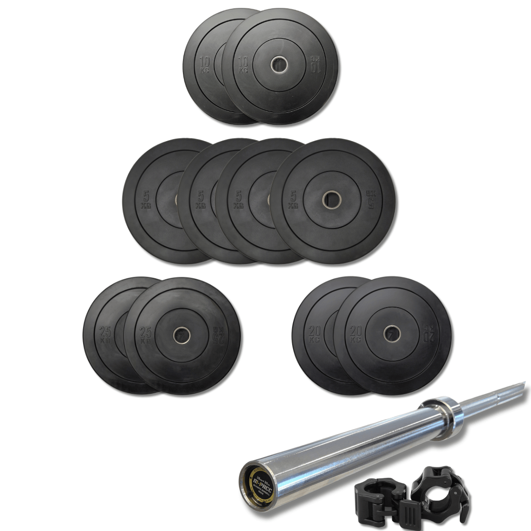 150kg M-PACC Bumper Plate Set incl 20kg Barbell M-Pacc