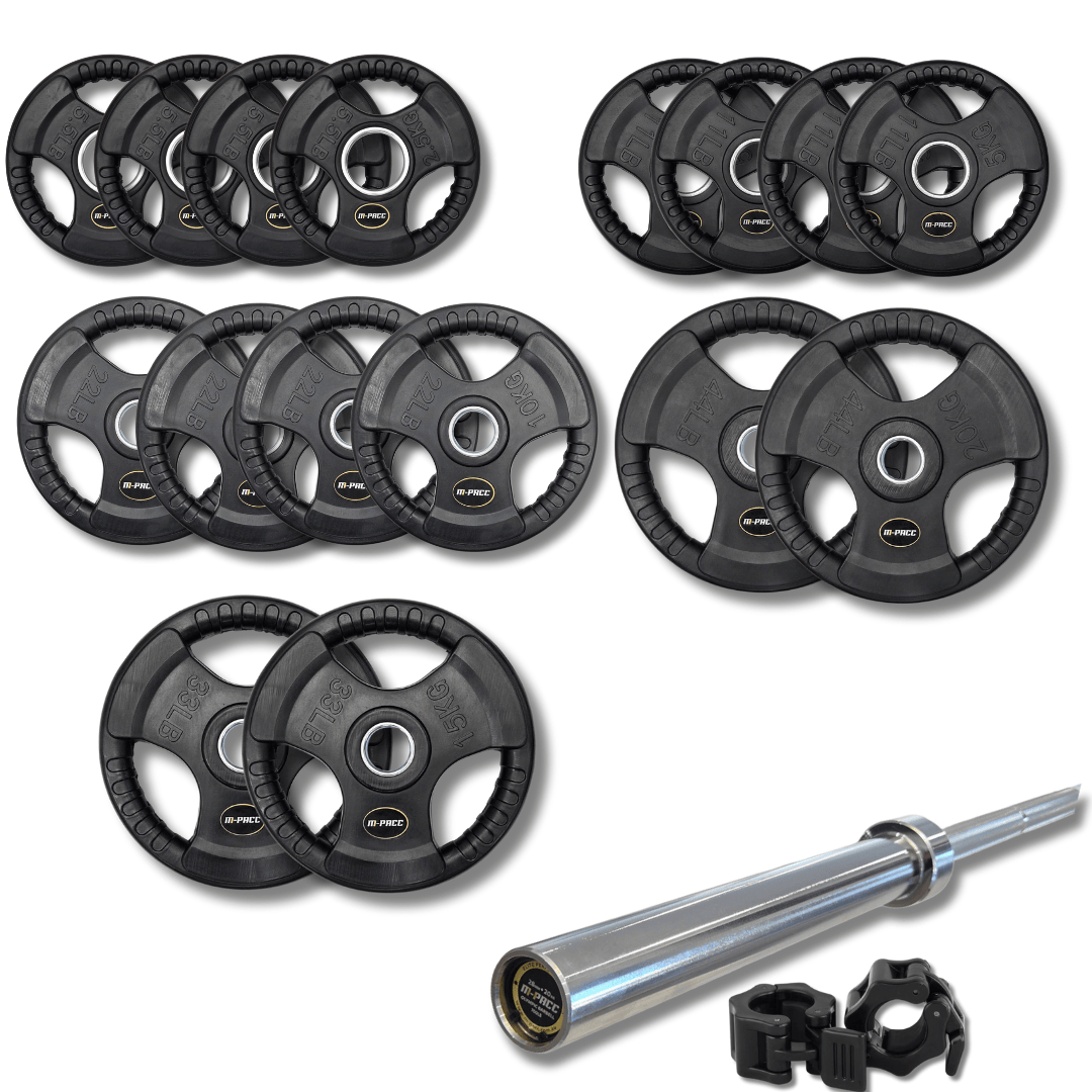160kg M-PACC Tri Grip Plate Set incl 20kg Barbell M-Pacc