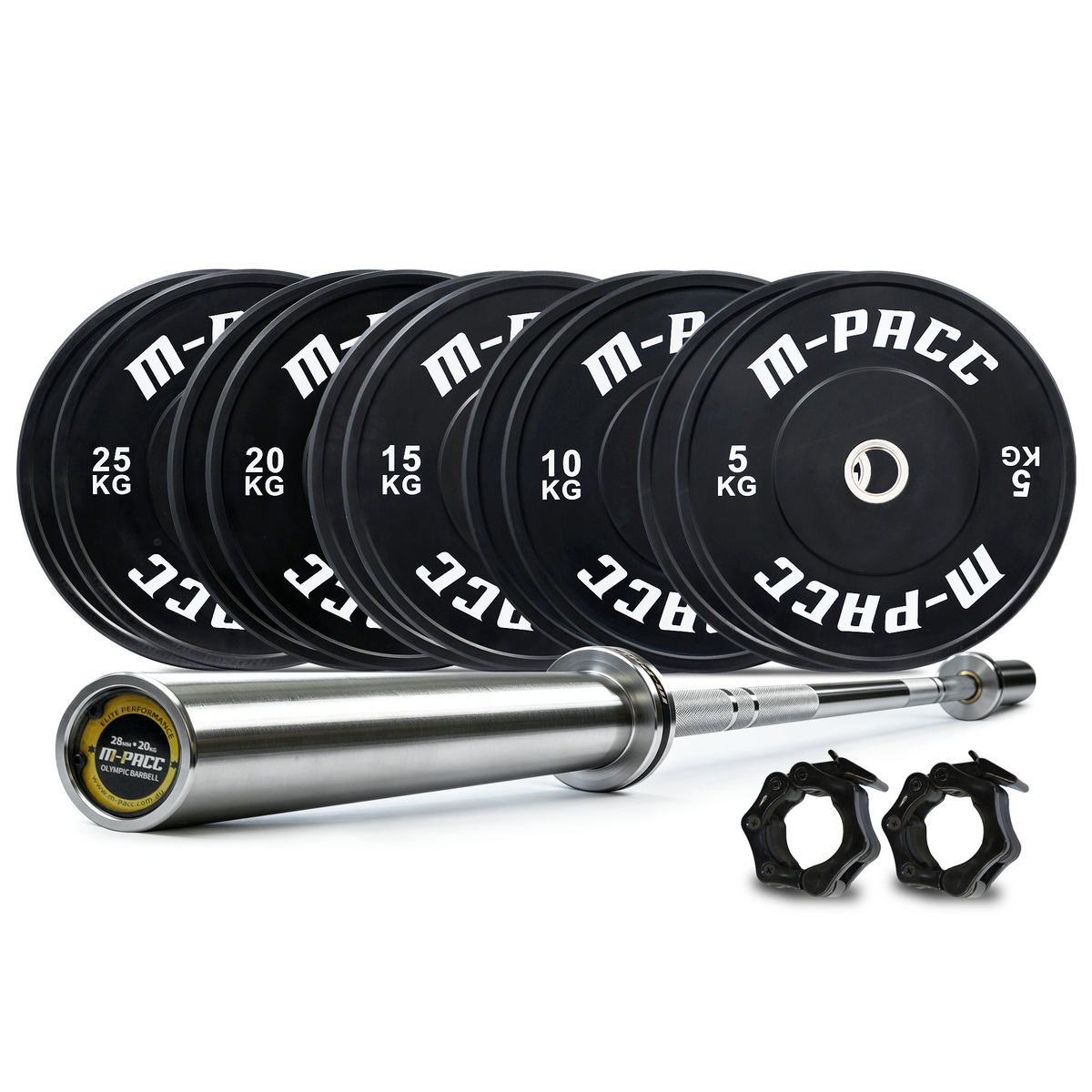 170kg M-PACC Premium Black Bumper Plate Set incl 20kg Barbell
