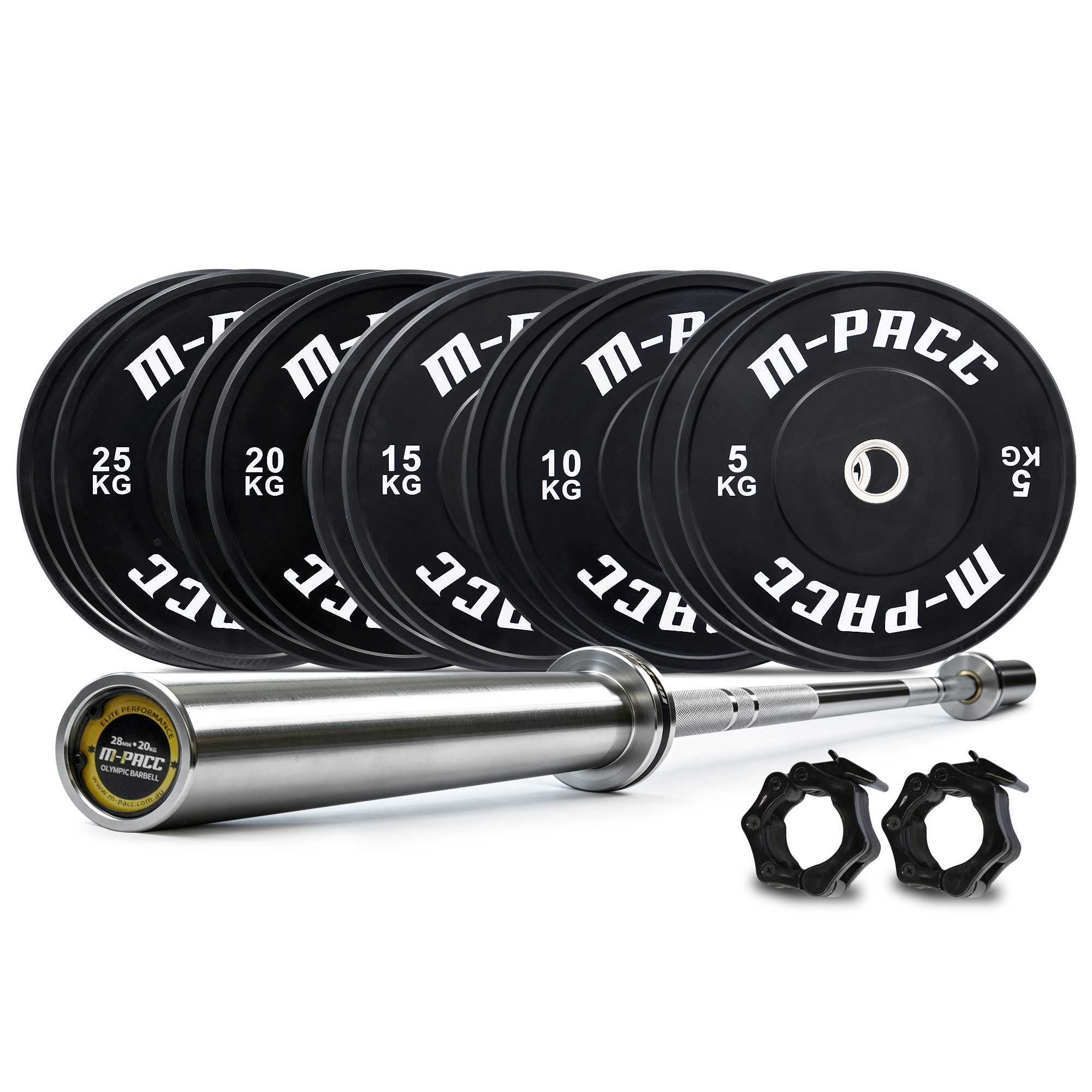 170kg M-PACC Premium Black Bumper Plate Set incl 20kg Barbell