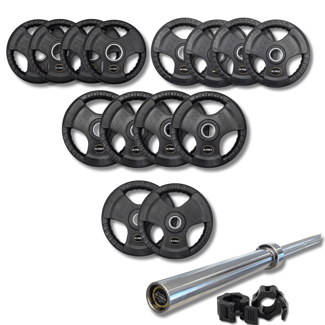 180kg M-PACC Tri Grip Plate Set incl 20kg Barbell M-Pacc