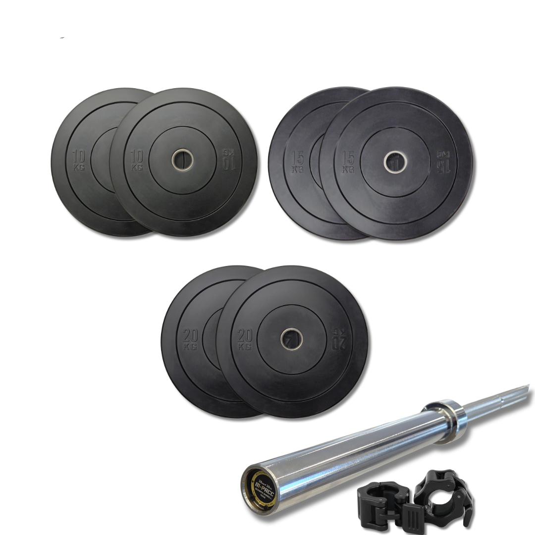 110kg M-PACC Bumper Plate Set incl 20kg Barbell M-Pacc