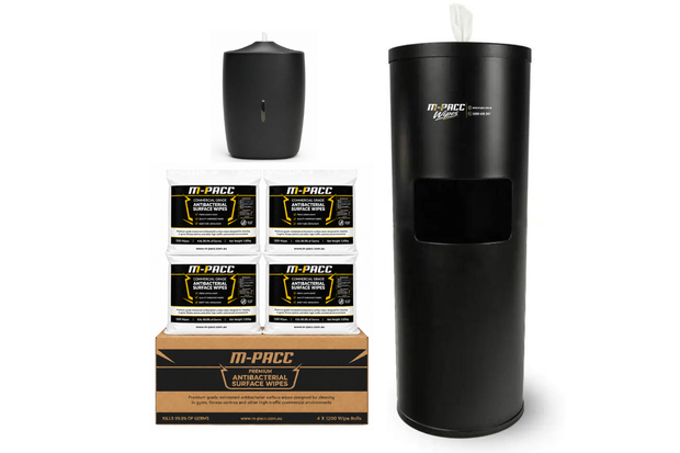 1 x Antibacterial Wipes Carton (4 x rolls of 1200 Wipes) + 1 x Free Standing Dispenser + 1 x Wall Mounted Dispenser Bundle