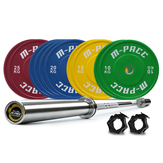 200kg M-PACC Premium Colour Bumper Plate Set incl 20kg Barbell