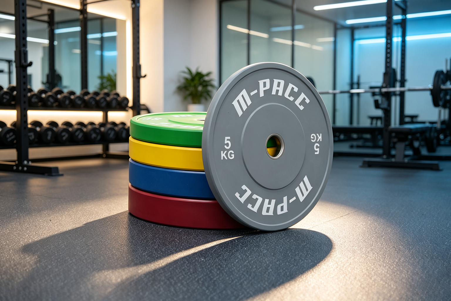 80kg M-PACC Premium Colour Bumper Plate Set incl 20kg Barbell