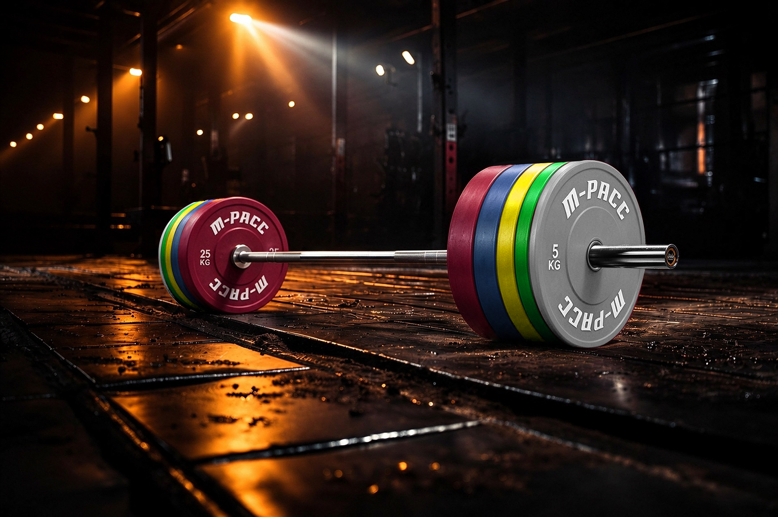 200kg M-PACC Premium Colour Bumper Plate Set incl 20kg Barbell