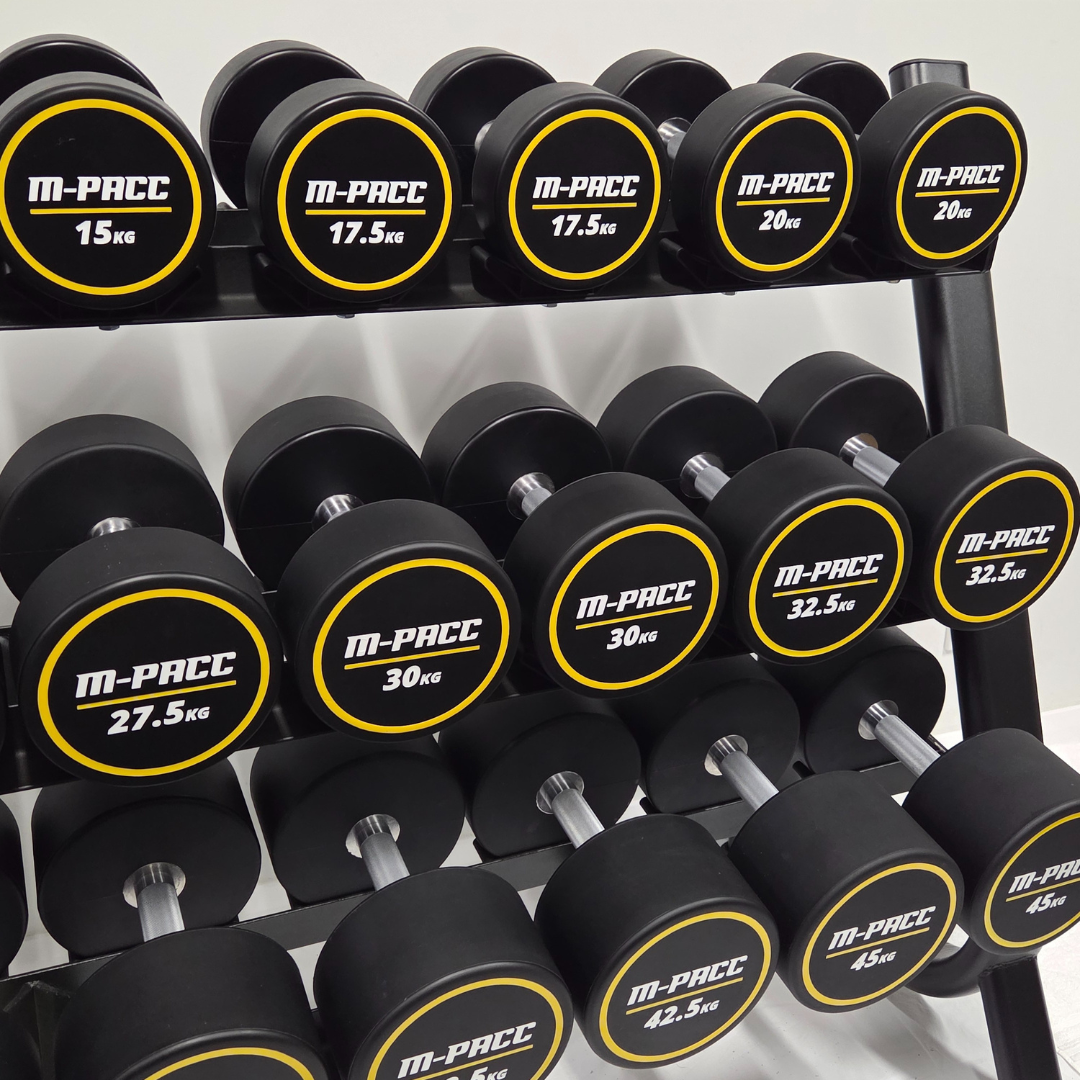 M-PACC Pro Commercial Urethane Dumbbells 10-45kg Set with Rack (15 Pairs) M-Pacc