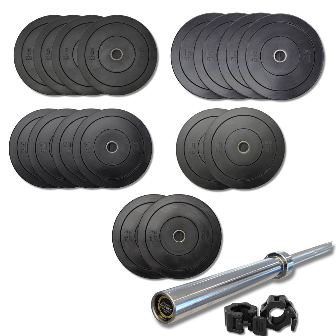 250kg M-PACC Bumper Plate Set incl 20kg Barbell M-Pacc
