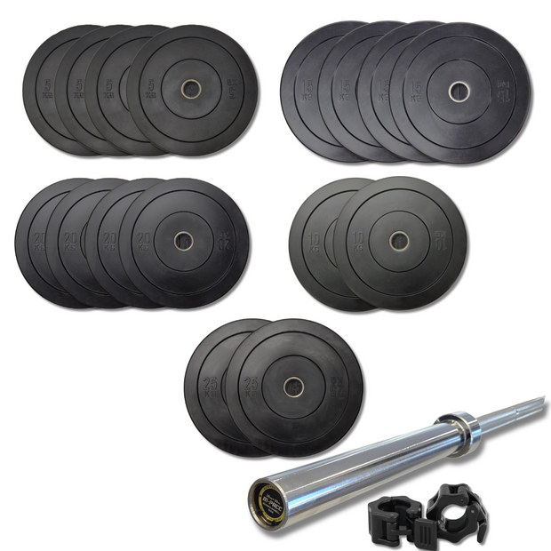 250kg M-PACC Bumper Plate Set incl 20kg Barbell M-Pacc