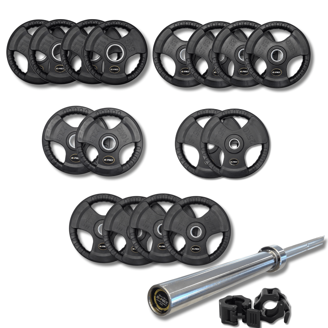 250kg M-PACC Tri Grip Plate Set incl 20kg Barbell M-Pacc