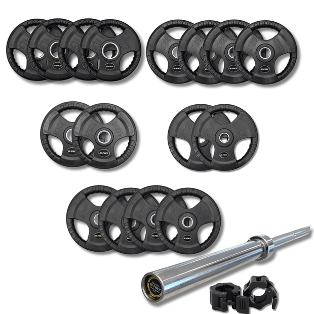 250kg M-PACC Tri Grip Plate Set incl 20kg Barbell M-Pacc