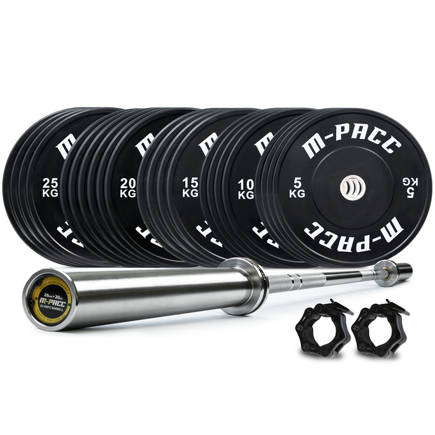 360kg M-PACC Premium Black Bumper Plate Set incl 20kg Barbell