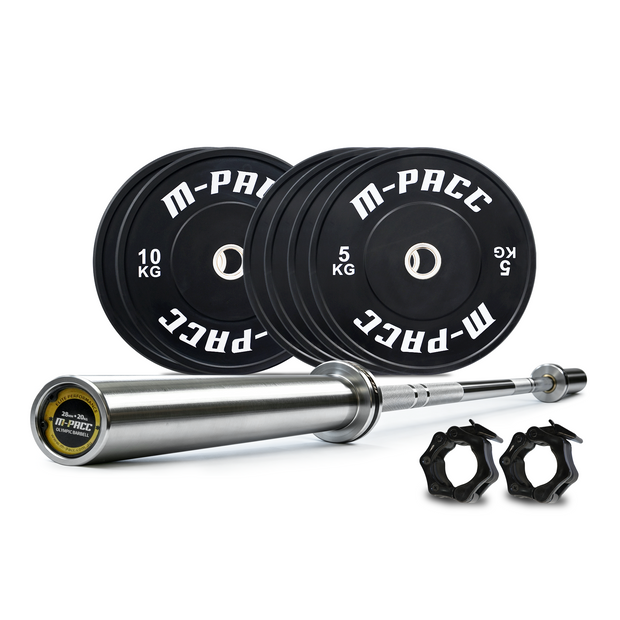 60kg M-PACC Premium Black Bumper Plate Set incl 20kg Barbell