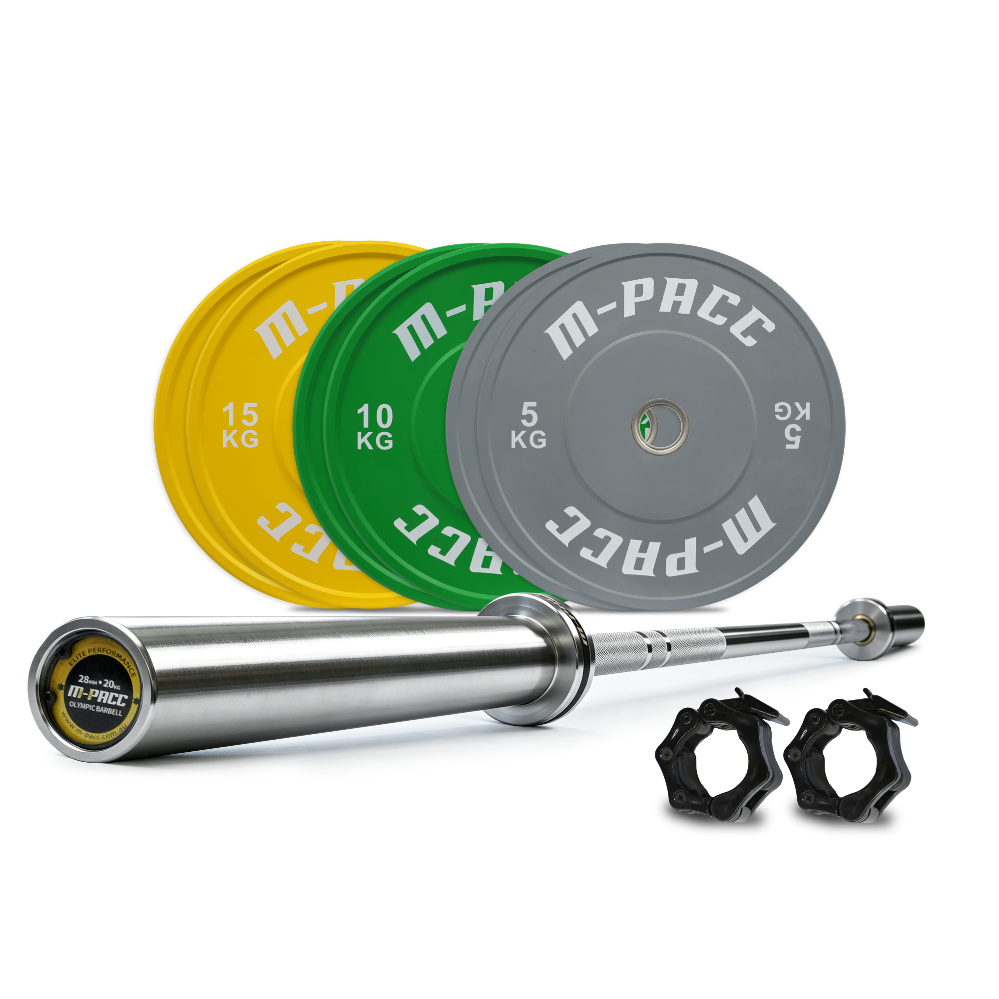 80kg M-PACC Premium Colour Bumper Plate Set incl 20kg Barbell