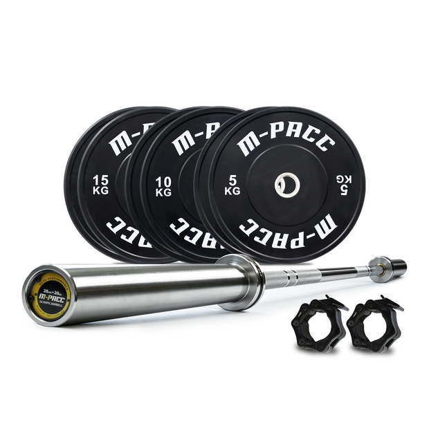 80kg M-PACC Premium Black Bumper Plate Set incl 20kg Barbell