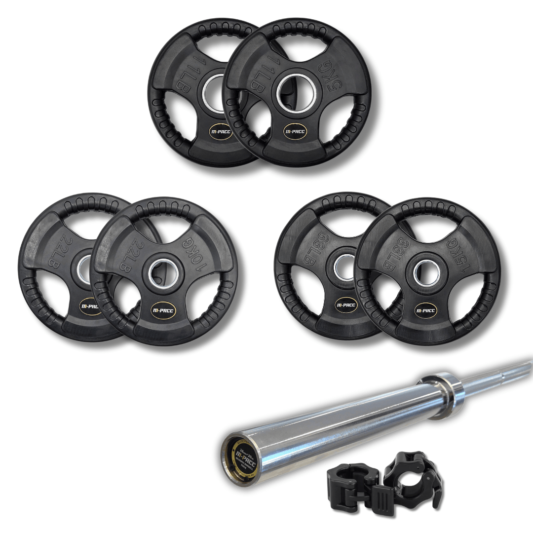 80kg M-PACC Tri Grip Plate Set incl 20kg Barbell - M-Pacc