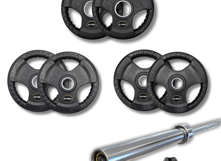 80kg M-PACC Tri Grip Plate Set incl 20kg Barbell M-Pacc